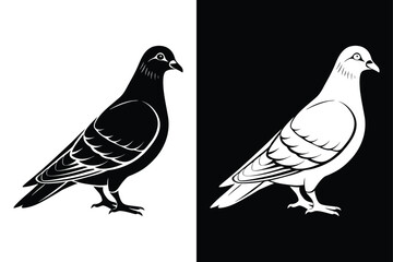Minimalist Pigeon Silhouette Vector Icon in Black & White.