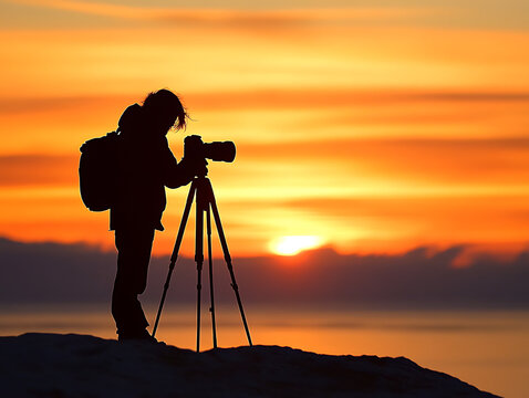 Photographer capturing sunset on tripod, silhouette against vivid orange sky.