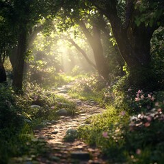 Path in the forest in the rays of the setting sun. Spring