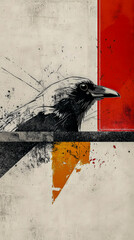 Abstract illustration of a Crow, featuring artistic shapes and flowing lines, abstract color, blending elegance and creativity in a stylized, modern design.