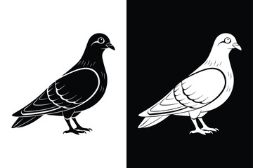 Minimalist Pigeon Silhouette Vector Icon in Black & White.