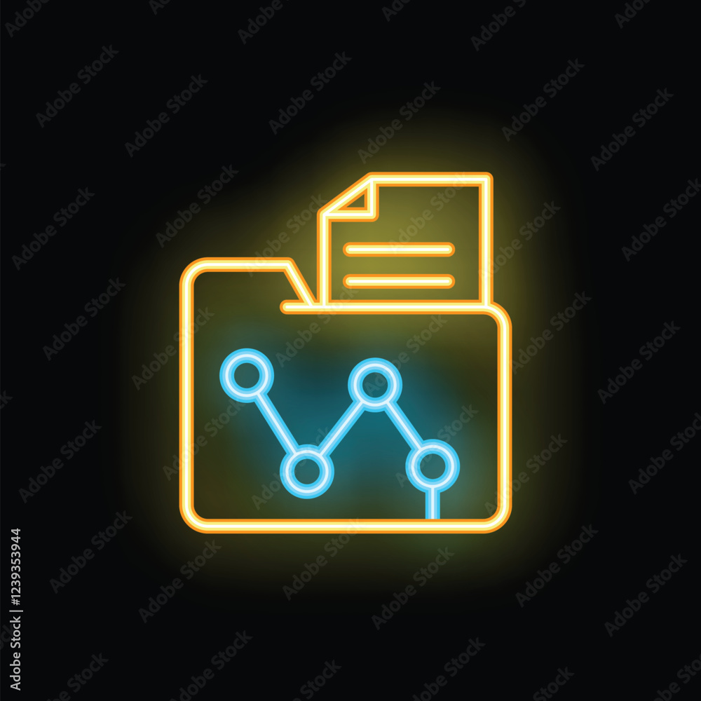 Poster neon glowing icon of a folder containing a document and a line chart, representing data analysis