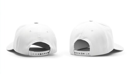 Fototapeta premium Two white baseball caps, rear view, studio shot, mockup for design