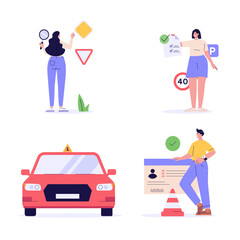 People learning drive a car on driver course. Auto school test. Set of driving school, driver’s license, driving exam or practice. Vector illustration collection for web banner, mobile app