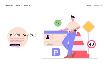Man learning to drive a car on driver course. Auto school test. Concept of driving school, driver’s license, driving exam or practice. Vector illustration in flat design for web banner, mobile app