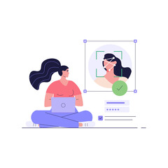 Woman standing with a phone, identifies a face. Concept of facial recognition, face ID system, biometric identification. Vector Illustration in flat design for mobile app