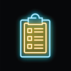 Bright neon clipboard is glowing on a black background, representing the concept of completing a checklist