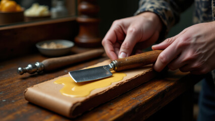 A hand using a knife to spread yellow substance, possibly beef tallow, on brown paper or leather for preservation purposes.