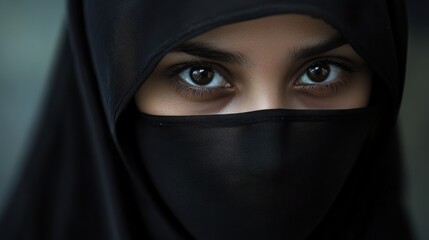 Naklejka premium beautiful young Muslim woman covered her face in black hijab. focus on the eyes