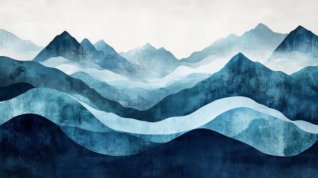 A modern abstract art print featuring ocean waves and mountains in a contemporary minimalist style, inspired by natural landscapes