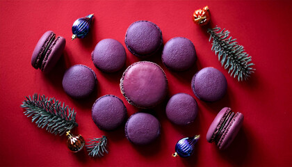 purple macarons with decorations on red historical past pastry food mockup flat lay minimum generative ai