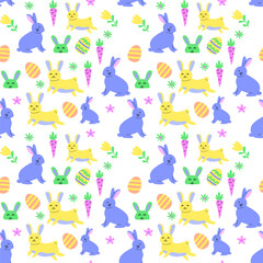 Happy easter celebrations with colorful geometric bunny and egg patterns.