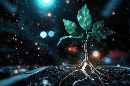 Vibrant seedling sprouting with roots in cosmic soil under starry sky