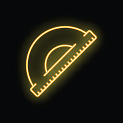 Bright yellow neon sign illustrating a protractor, a tool for measuring angles, isolated on a black background