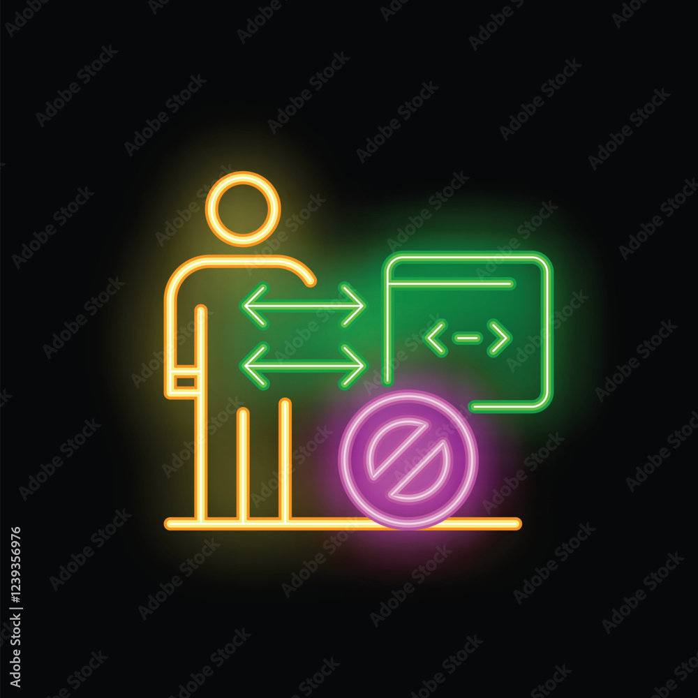 Poster neon style icon of a programmer facing a website development problem symbolized by an access denied 