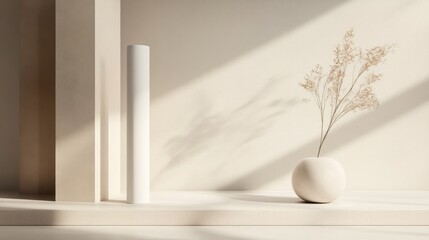 A sleek minimalist skincare display featuring a white tube positioned against geometric beige shapes, emphasizing a clean and natural aesthetic