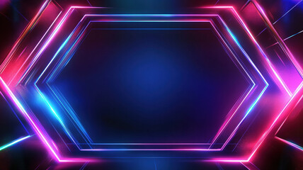 Futuristic Neon Hexagonal Frame with Glowing Lights on a Dark Background for Digital and Tech-Themed Designs