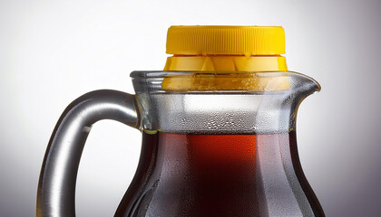 a pitcher bottle of soda with a yellow cap