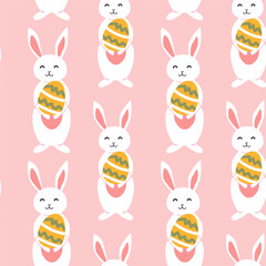 Cute easter bunny pattern with geometric eggs for holiday design and decoration.