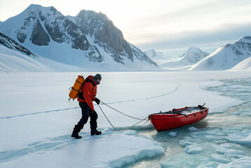 Person Pulling Boat Across Icy Arctic Landscape
