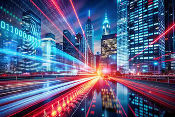 Fototapeta premium Vibrant City Night Lightscape with Dynamic Light Trails and Binary Code