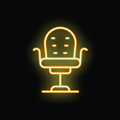 Yellow neon icon of an office chair with armrests, glowing on a black background
