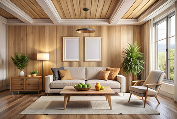 Warm Beige Living Room with Wooden Walls and Rustic Decor
