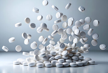 White Round Pills Falling onto a Pile Against a Gray Background