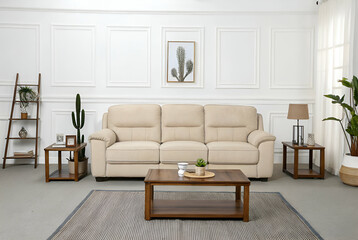 Fototapeta premium Beige Sofa and Wooden Coffee Table in a Modern Living Room