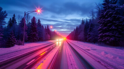 Snowy road at night, long exposure light trails, vibrant purple and orange colors, evergreen forest silhouettes