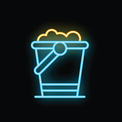 Neon bucket filled with soap suds is glowing on a black background