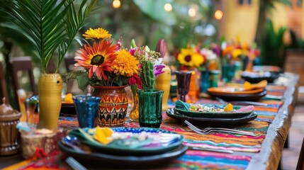 Colorful outdoor dining table with flowers and vibrant tableware at tropical garden gathering