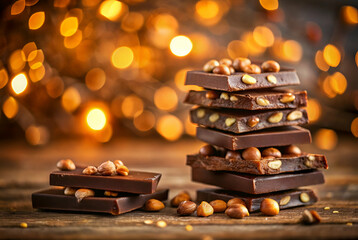 Dark Chocolate Pieces with Nuts on Wooden Table Festive Background