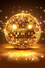 Obraz premium Vibrant golden disco ball reflecting colorful lights in party atmosphere. Concept of retro nightlife, dance parties,and club culture