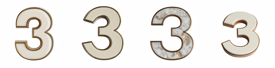 Naklejka premium Number 3, made of cream beige with bronze gold metal rim, logotype, Three isolated on a transparent background