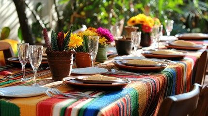 Colorful mexican table setting with bright flowers and traditional patterns