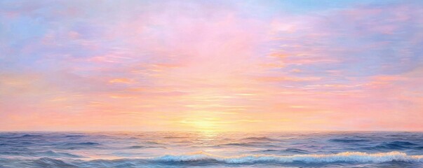 Fototapeta premium A serene sunset over the ocean, showcasing pastel colors blending in the sky and gentle waves lapping at the shore.
