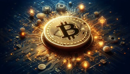 Bitcoin, blockchain technology, digital finance, high-tech golden Bitcoin
