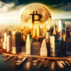 Bitcoin rising in the horizon in cityscape, golden lights