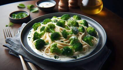 Pasta with broccoli vegetarian dish in a gourmet setting