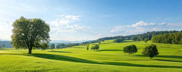 Obraz premium A serene landscape featuring lush green fields, scattered trees, and a bright blue sky, evoking tranquility and natural beauty.