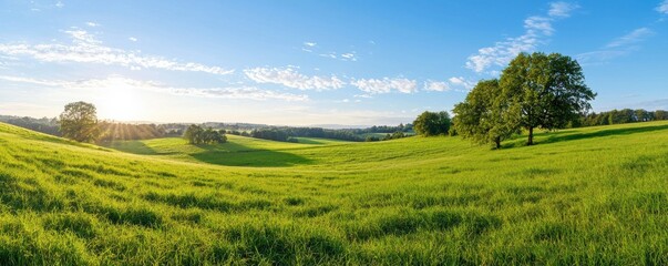 Obraz premium A serene landscape featuring lush green fields under a bright blue sky with scattered clouds and a shining sun.
