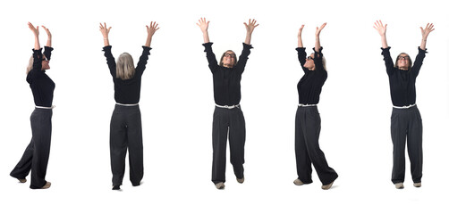 group of same happy woman raising arms on white background