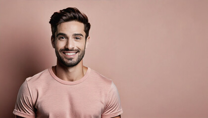 Obraz premium Handsome Smiling Man in Studio Portrait with Charming Look, Pastel Background, copyspace 
