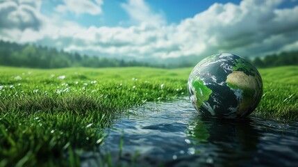 Earth globe in lush green field with reflective water and vibrant blue sky
