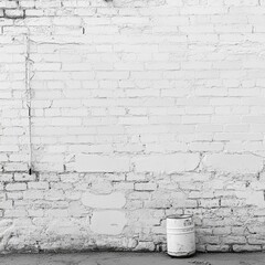 White brick wall with a tin can in the corner, black and white