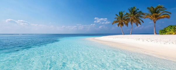 Fototapeta premium A serene tropical beach with clear turquoise waters, soft white sand, and palm trees under a bright blue sky.
