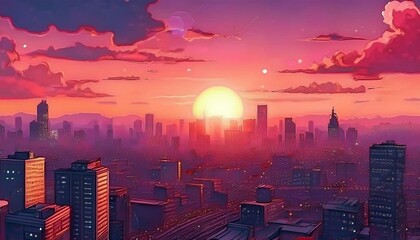 Naklejka premium Cityscape Illustration with Pink Sunset and Tall Buildings