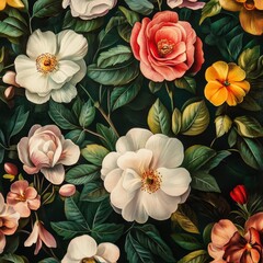 Fototapeta premium Seamless floral pattern with roses and pansies. Vector illustration.