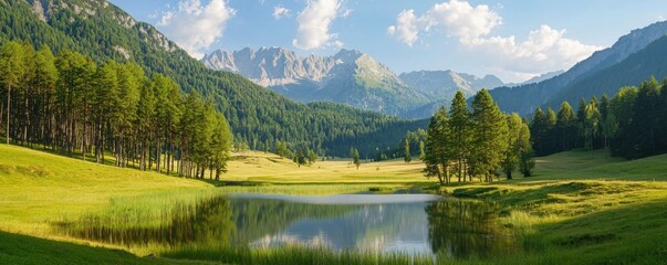 A serene landscape featuring a calm lake surrounded by lush greenery and mountains under a clear blue sky.